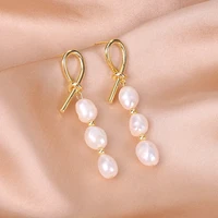 allnewme dainty 3 designs real freshwater pearl earring for women brass gold knotted long dangle earrings wedding bridal jewelry