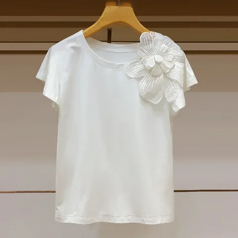 Женская футболка с цветочным 3D принтом, свободная повседневная футболка с круглым вырезом и коротким рукавом, милые летние топы с оборками, 2024