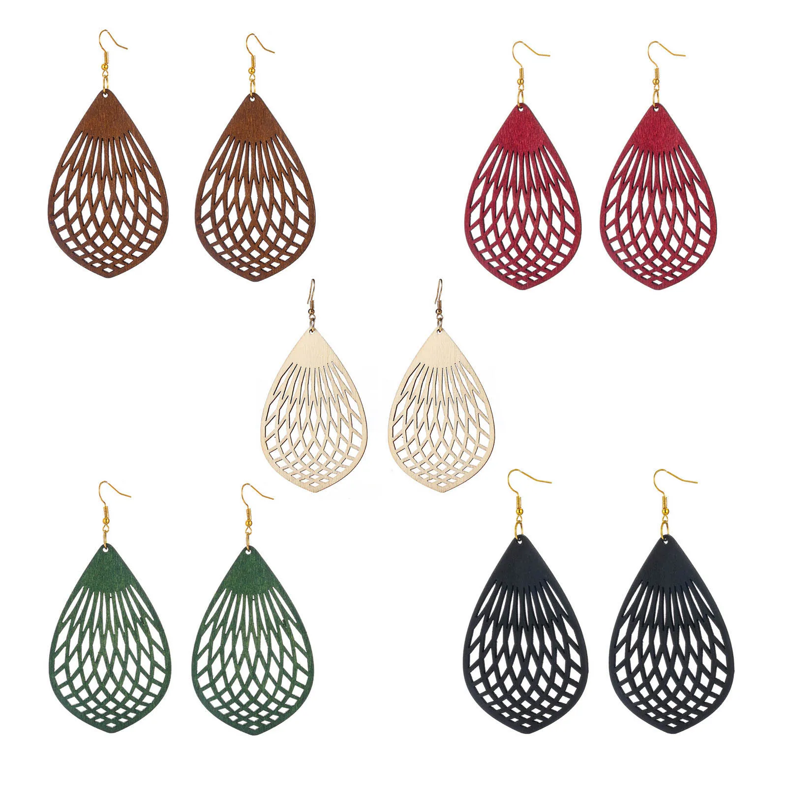 

1 Pair Wood Earrings Multicolor Geometric Hollow Drop Water Pendants Earirngs For Women Trendy Fashion Jewelry 7.5cm x 3.5cm