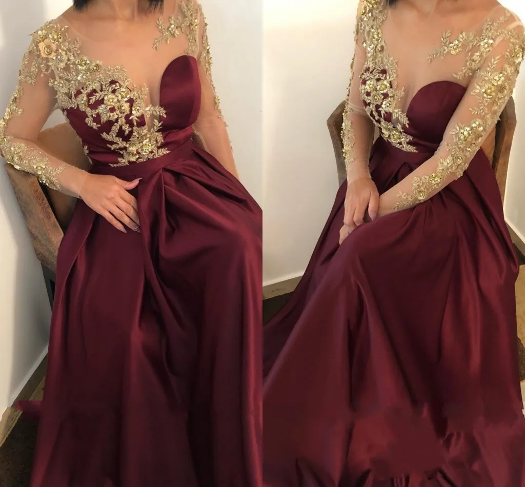 

Elegant Burgundy Arabic Evening Dresses Illusion Long Sleeve Prom Formal Party Gowns Gold Flowers Lace Satin Robe De Soiree