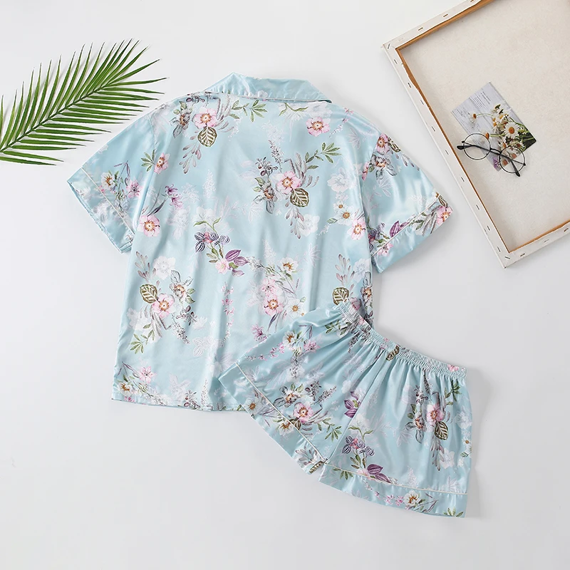 2022 Floral Pajamas Sets Silk Satin Flower Girl Pajama Spring Autumn Short-sleeve Cardigan Set Fashion Ice Silk Home Clothing