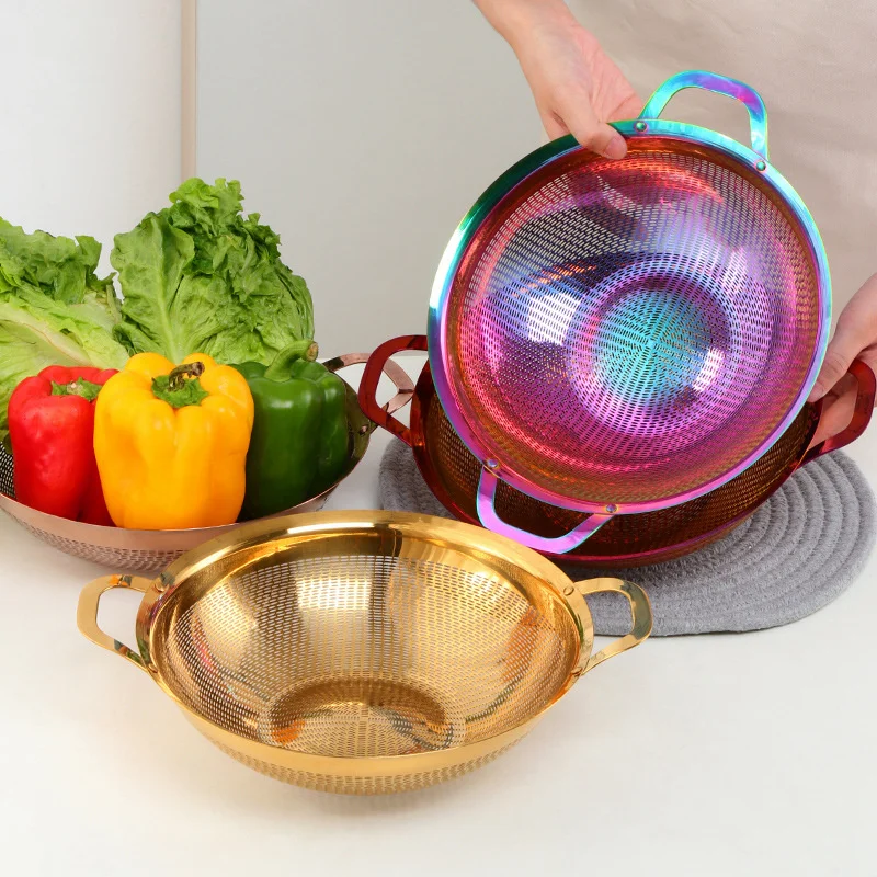 

Gold Stainless Steel Drain Basket Fruit Thickened Vegetable Cleaning Basin with Handle Household Cleaning Basket Kitchen Tools