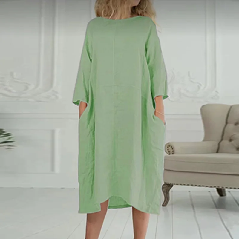 

Autumn Long Sleeve Chic Boho Party Dress Retro Casaul O Neck Solid Cotton Linen Dresses Women Spring Elegant Pocket Office Dress