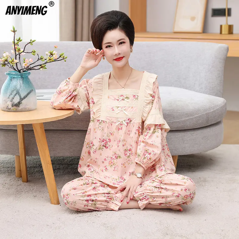 

Women Autumn Winter New Polyester Pajama Sets Plus Size 4XL Sleepwear Flower Printing Homewear Pink Pijamas Pajamas for Girls