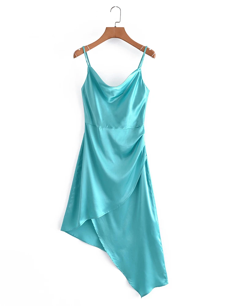 

Women Sky Blue Satin Dress Summer Spaghetti Strap Swinging Collar Irregular Hem Midi Dresses 2022 robe femme