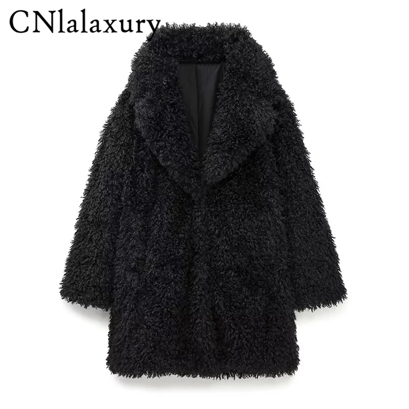 CNlalaxury Winter Casual Black Artificial Fur Jacket Women Warm Long Sleeve Jackets Lambswool Coat Pocket Outerwear Female Loose