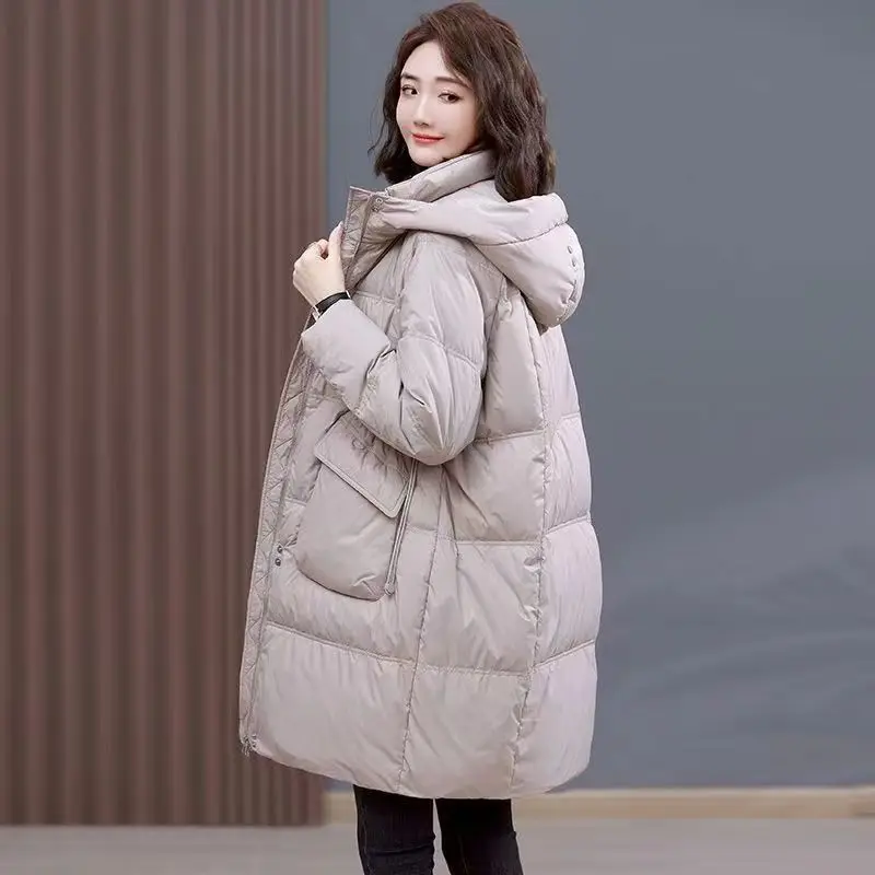 2023 Women's Winter Fashion Thick Warm Hooded Jackets Female Long Cotton-padded Coats Ladies Solid Color Loose Outerwear S352
