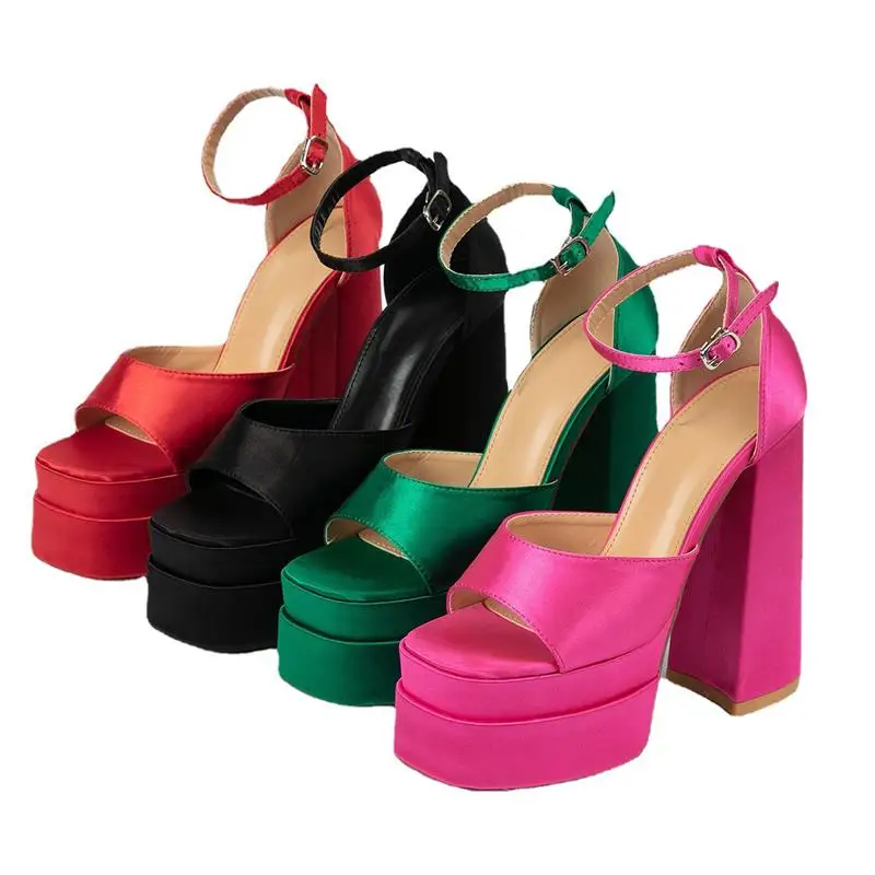 

Women Buckle Sandals Fashion Banquet Party Summer Classic Satin Solid Color Square Toe Platform High Heel Women Shoes KC143