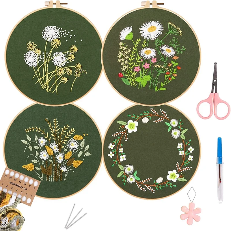 

Набор для вышивания для начинающих, 4 упаковки, наборы для вышивки для взрослых, включая одежду для вышивки, обручи для вышивки (зеленый)
