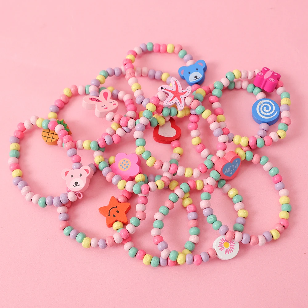 

12pcs Cartoon Colorful Natural Wooden Beads Bracelet Kids Girl Birthday Party Favors Baby Shower Guest Gifts Pinata Fillers Toys