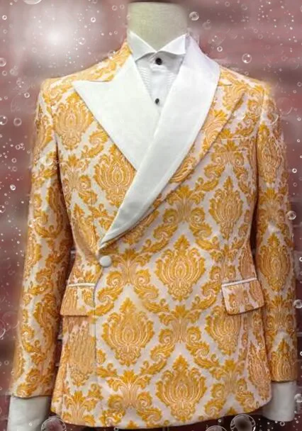 

Новейший дизайн под заказ, Мужской Блейзер, смокинг, золотисто-желтый жаккардовый Свадебный костюм, мужские формальные модные белые брюки для жениха, выпускного вечера