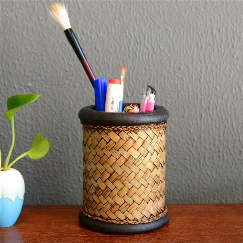 

Retro Handmade Bamboo Woven Pen Holder Makeup Brush Holder Home Office Desktop Stationery Organizer Tableware Container Box