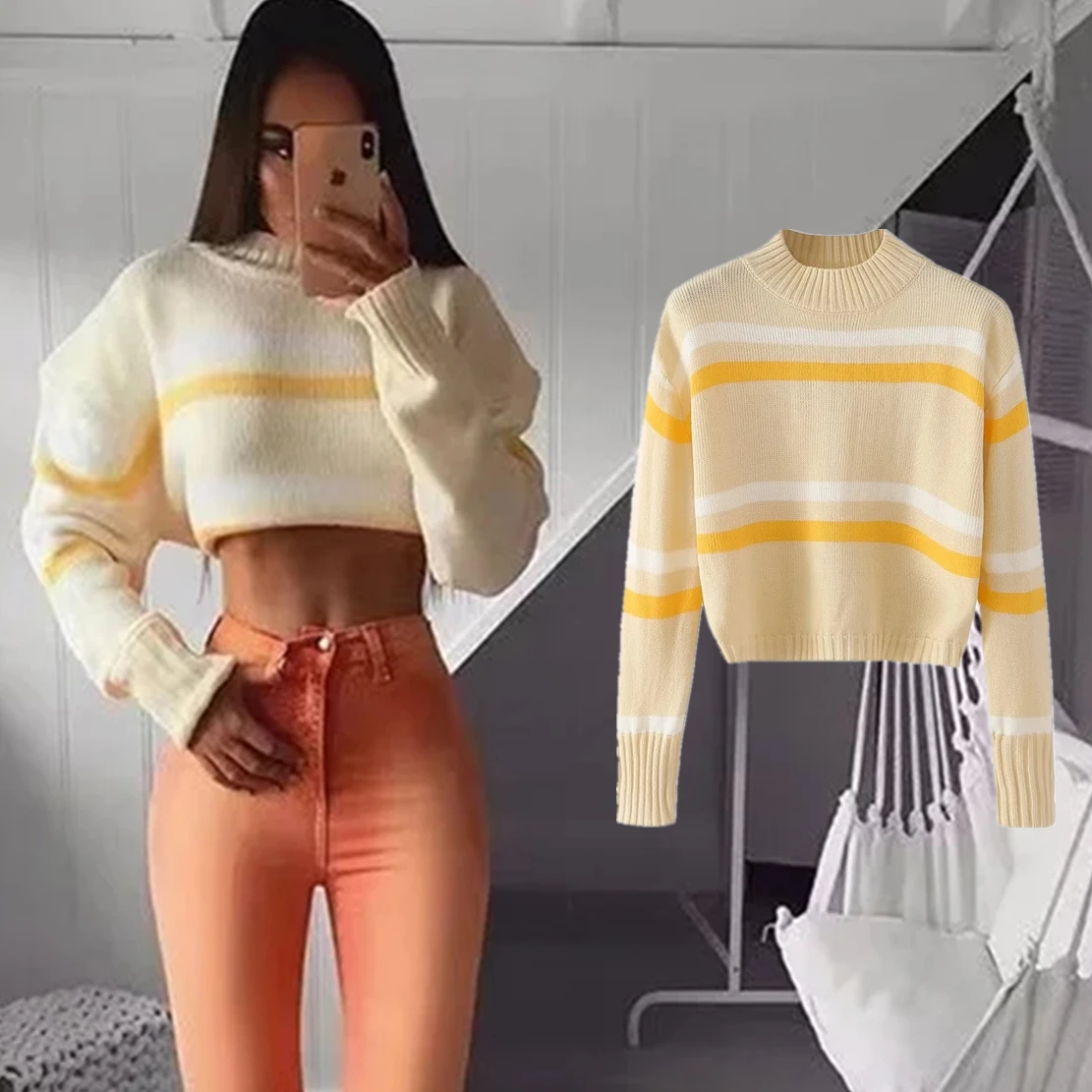 

Maxdutti Ins Fashion Sweaters Blogger Retro Striped Knitwear Casual Sweaters Women Short Tops