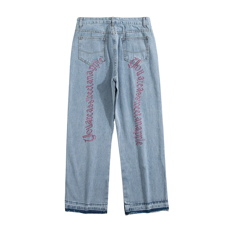 2022 Men Light Blue Jeans Long Medium Waist Straight Pants Letter Embroidery Casual Street Denim Trousers Spring Summer M-3XL
