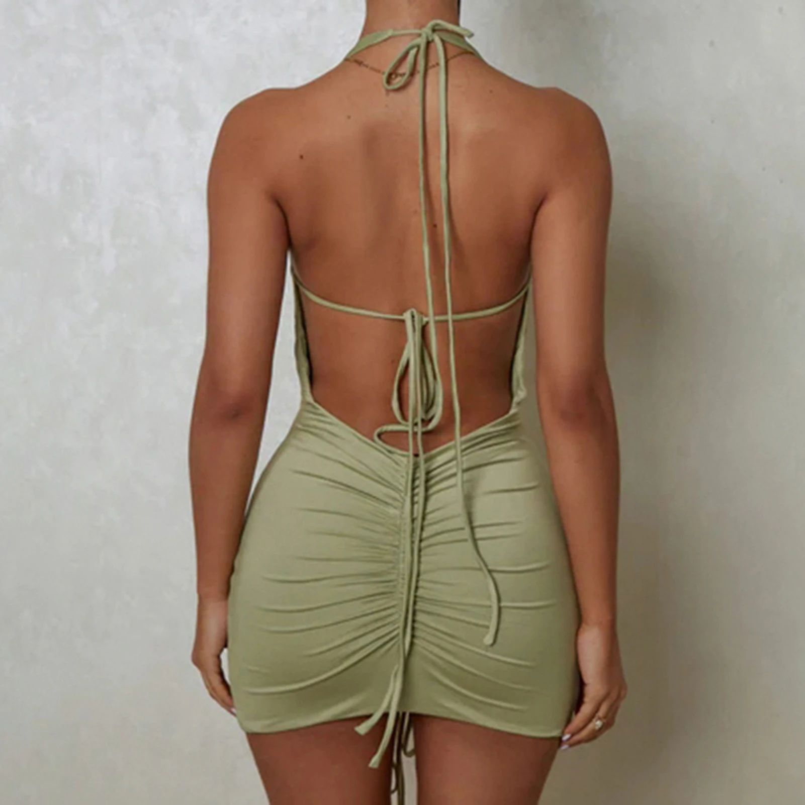 

Women Sling Short Dress Y2K Sexy Style Ladies Drawstring Pleated Dress Slim Fit Solid Color Sleeveless Holidays Outfit