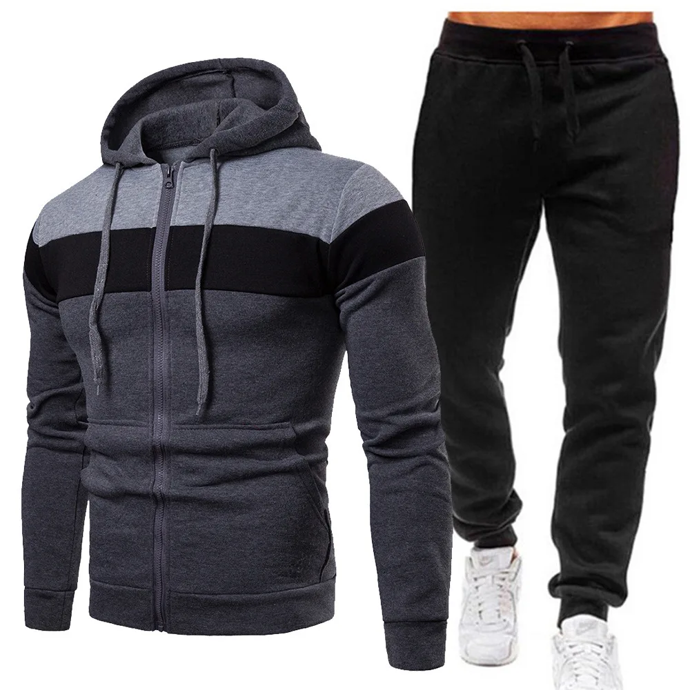 Autumn Winter Tracksuit Men Zipper Patchwork Hoodie Sweatshirt Sweatpant 2-piece Set Plush Leisure Sport Suit Outdoor Fashion