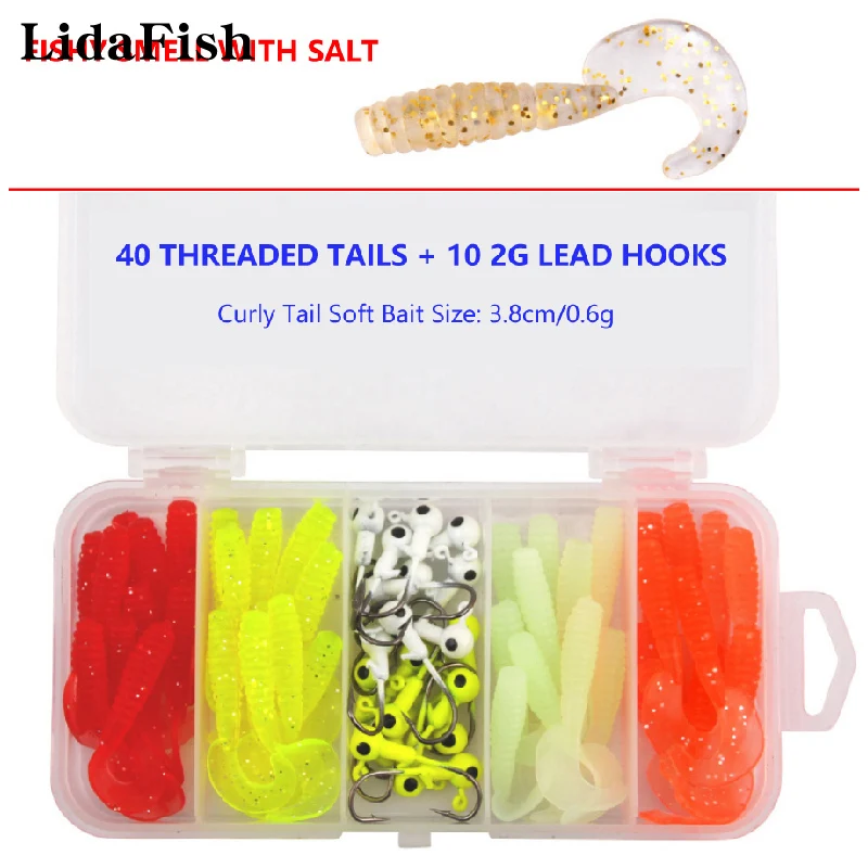 

LIDAFISH New 40 Threaded T-tail Lure + 10 Lead Hook Fishy Smell Salted Trout Soft Bait Set Fishing Accessories
