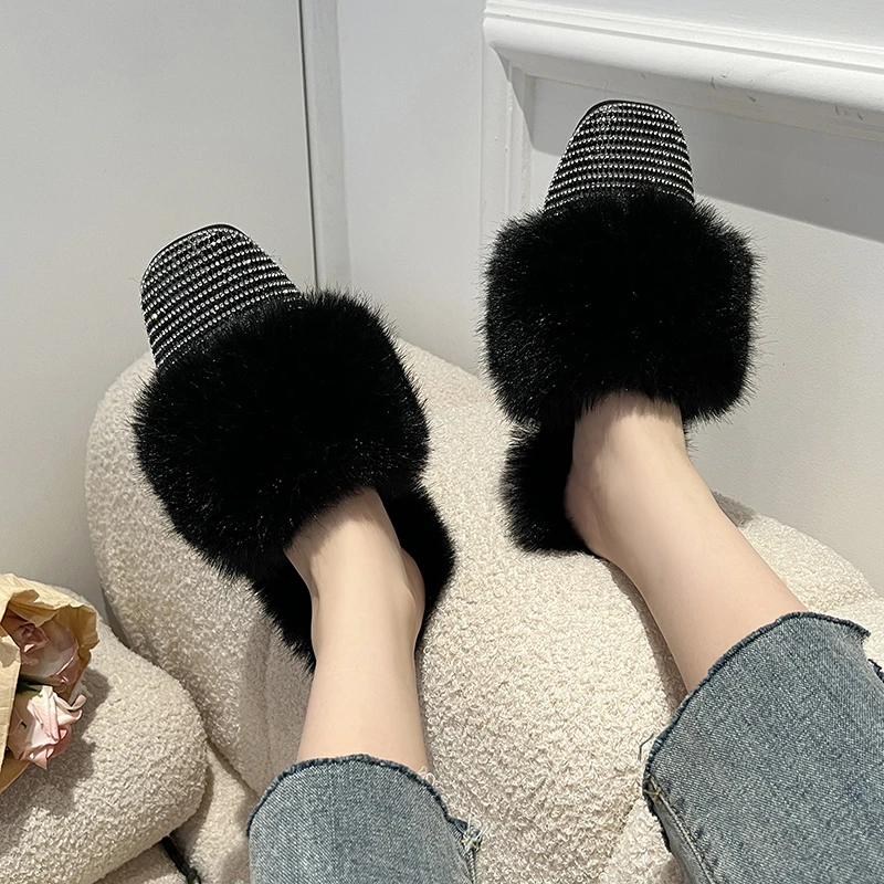 Big Size Slippers Female Ladies Designer Shoes Women Luxury 2023 Rhinestone Fur Crystal Slides Mules Slippers Flats Lady Shoes
