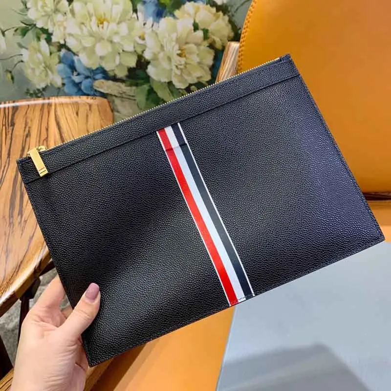 Men's Clutch Bag Korean Fashion Style Middle RWB Striped Male Handbags Luxury Brand Solid Black Genuine Leather Business Bag