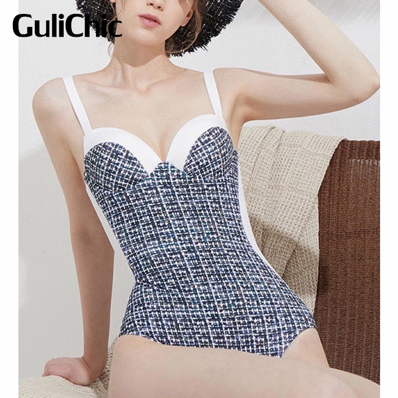 

5.19 GuliChic Women Holiday Beach Temperament Vintage Sexy Sweetheart Neck Push-Up Suspender Print Bodysuit Swimsuit Swimwear
