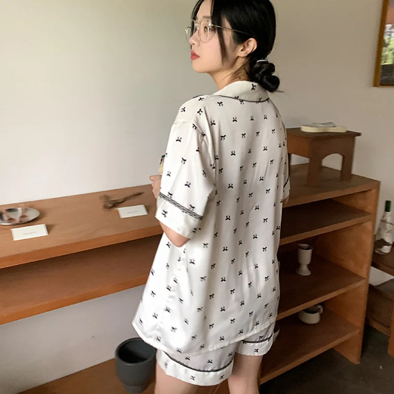 Summer Pajamas Women's Lace Ruffled Short Sleeves Full Printed Bow Home Wear Lapel Cardigan Suit Women's Pajamas