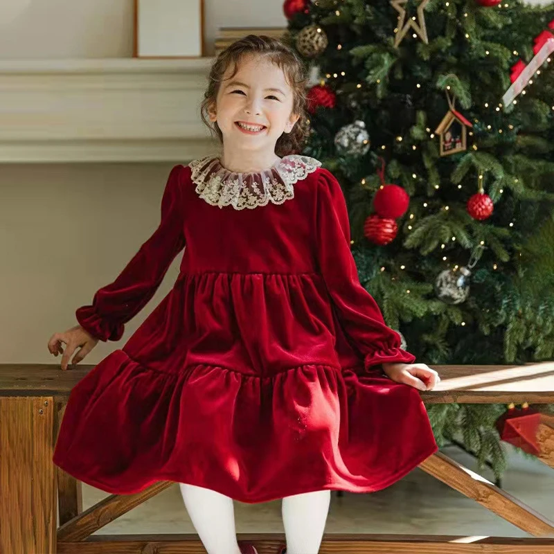 

New Autumn Kids Dress Children Red Velvet Atmosphere Gown Dresses Girls Outwear Tops