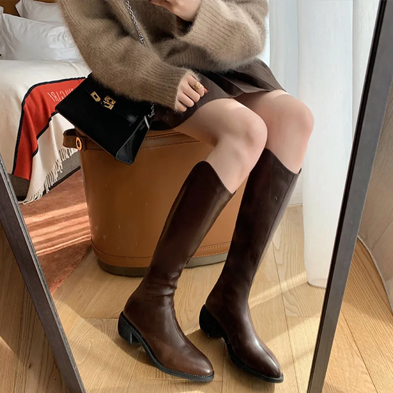 Pointed Toe Med Heels Knee High Boots Women Fashion Back Zipper Pu Leather Long Boots Woman 2022 Autumn Square Heel Botas Mujer