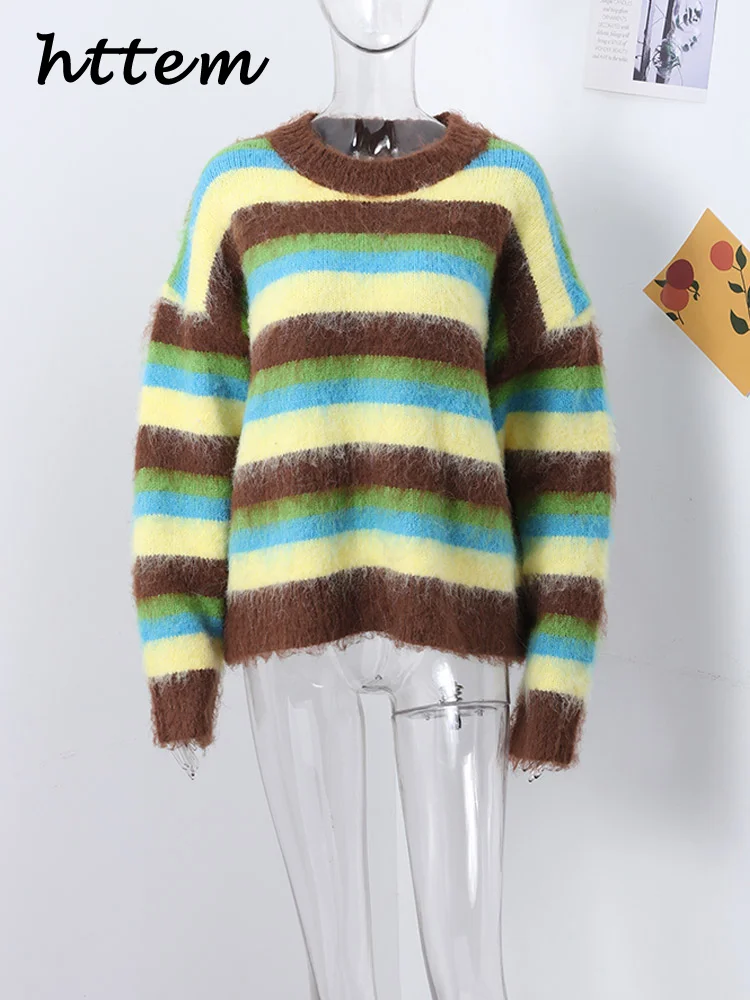 Винтажный женский полосатый свитер из мохера