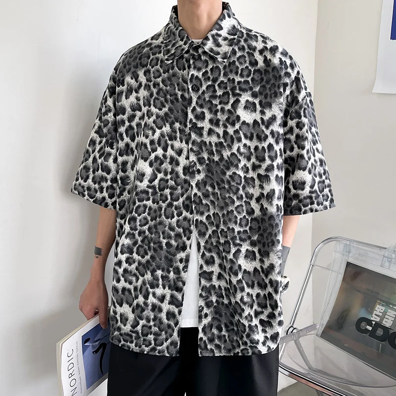 

2022 Mens Clothes Fashion Loose Leopard Printing Long Sleeve Baggy Silk Blouse Male Vintage Streetwear Lapel Collar Shirts