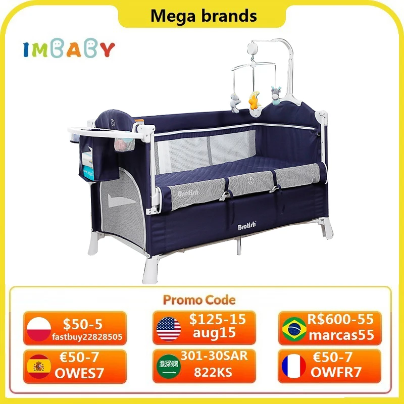 Brotish Baby Bed Adaptable to Splicing Bed Crib Pendulum Folding Cradle Removable Portable Newborn Cot Game Bassinet Bumper Nest