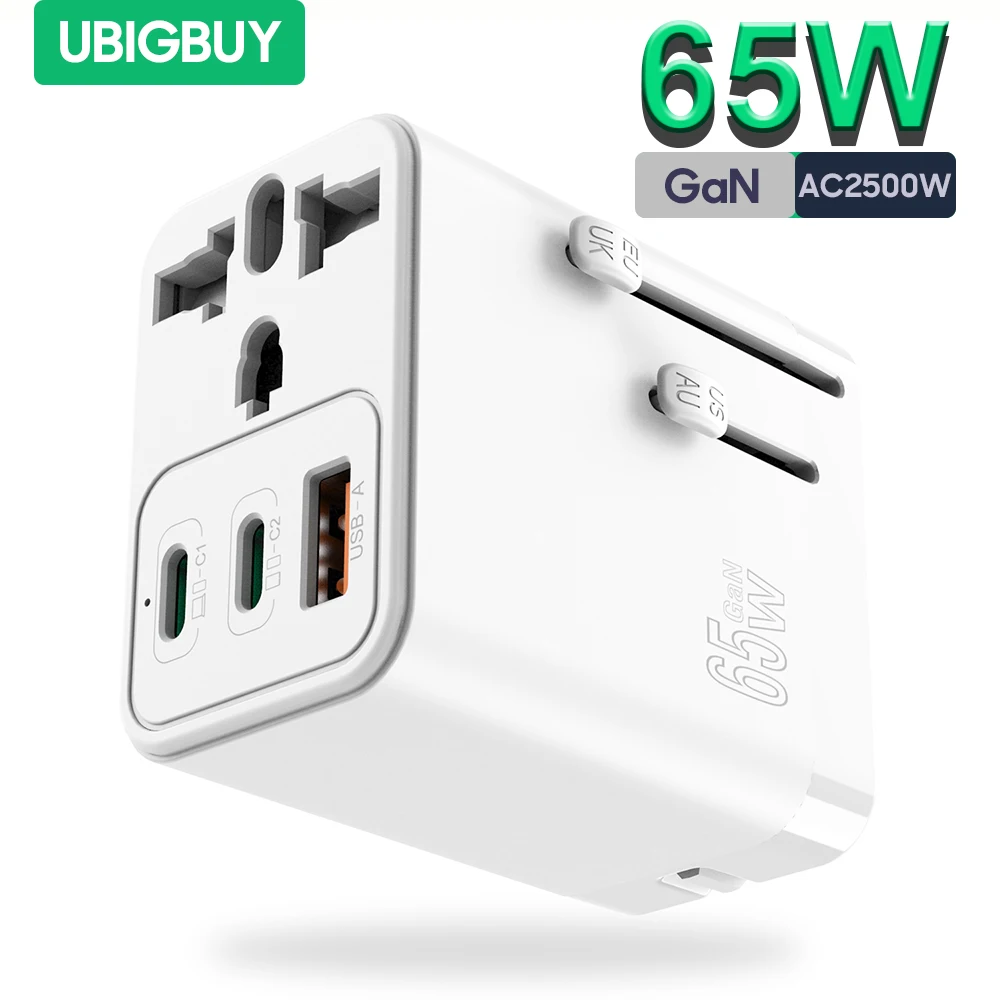 Универсальный Дорожный Адаптер Ubigbuy Gan Мощностью 65 Вт С 2usb-c Pd И Usb-a Qc3.0 Для Iphone 15