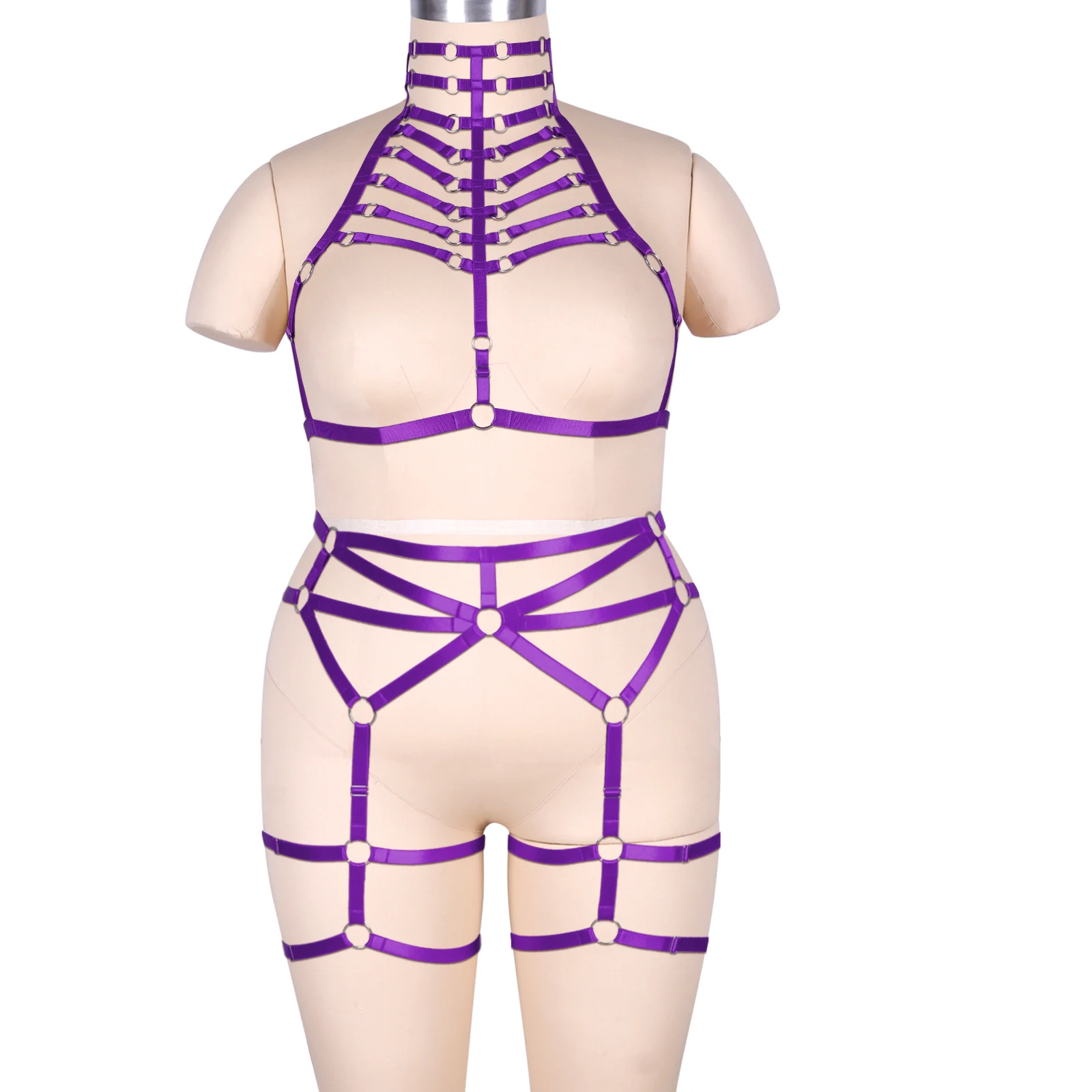 

Women Sexy Lingerie Bodysuit Body Cage Bra Bondage Stockings Leg Garter Belt Adjustable Body Harness Set Rave Wear