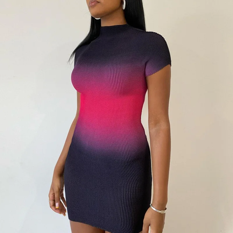 

2023 Color Block Short Sleeves Gradient Sexy Bodycon Skinny Mini Dress Autumn Women Casual Birthday Party Y2K Outfits