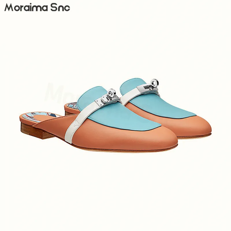 Metal Buckle Baotou Muller Slippers New Leather Low Heel Round Toe Backspace Slippers Casual Comfortable Fashion Women's Shoes