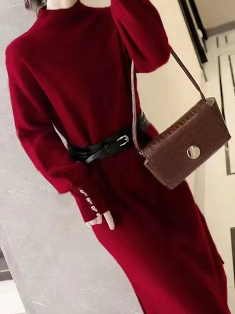 

Трикотажное платье в стиле ретро с рукавами-фонариками и поясом, длинная юбка с полувысоким воротником, новинка зимы 2022, корейская модная же...