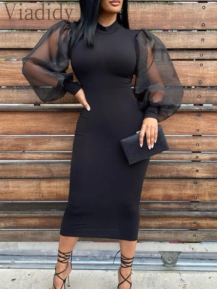 

Women Sheer Mesh Puff Lantern Sleeve Bodycon Dress