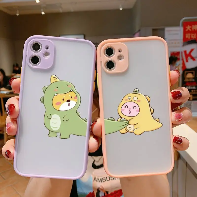 

Cute Cartoon Dinosaur Couple Phone Case For iPhone 13 12 11 Mini Pro XR XS Max 7 8 Plus X Matte transparent Pink Back Cover