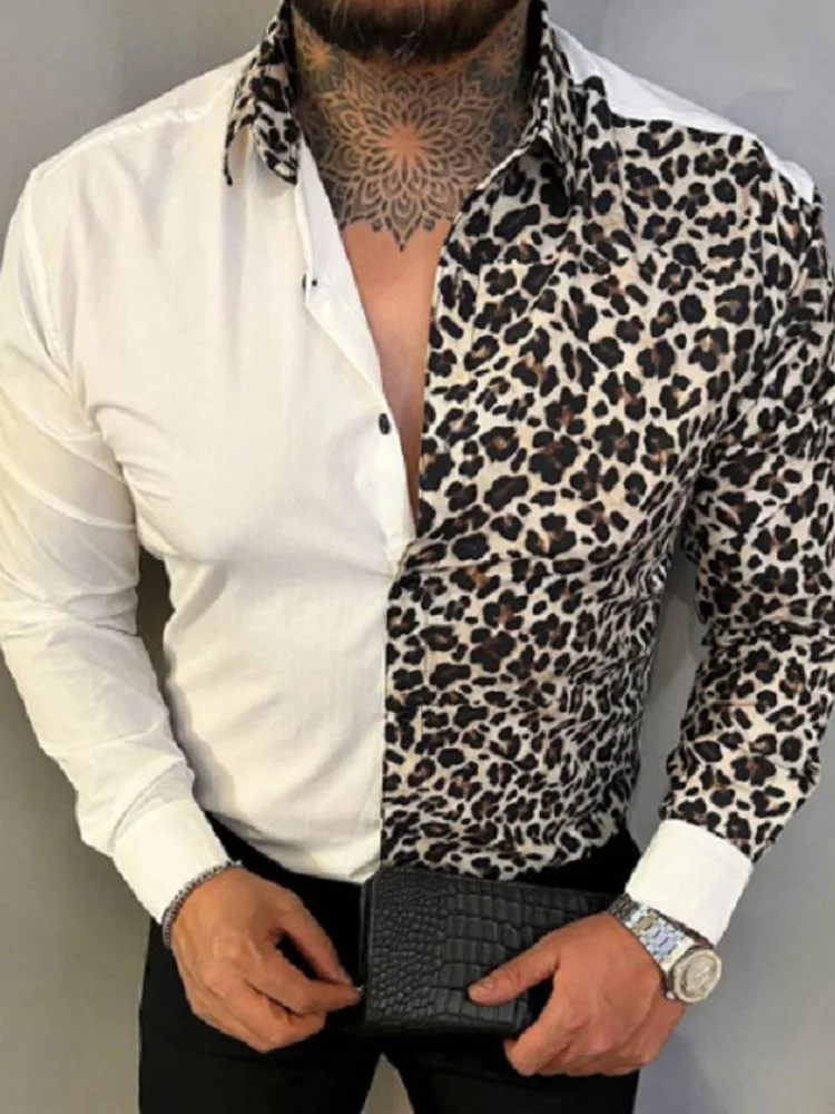 

New Fashion Leopard Print Patchwork Long Sleeve Shirts Men Spring Casual Turn-down Collar Buttoned Shirt Mens Hipster Streetwear