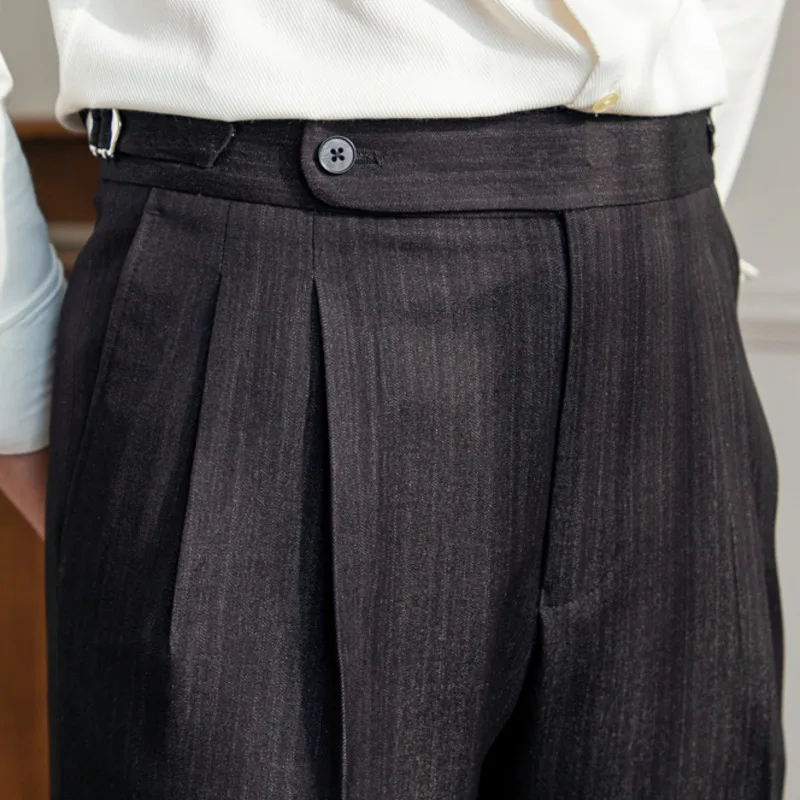 Pantalones de vestir de cintura alta para Hombre, traje clásico ajustado hasta el tobillo, ropa de calle, oficina, Social