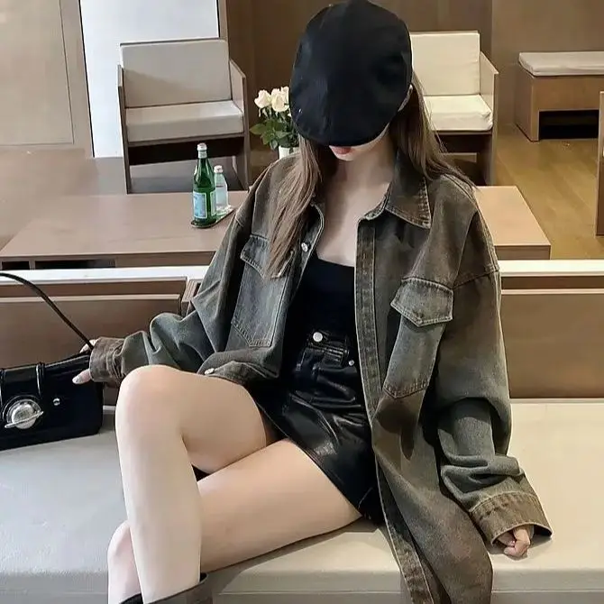 Американская ретро потертая джинсовая куртка женская весна осень новая струйная