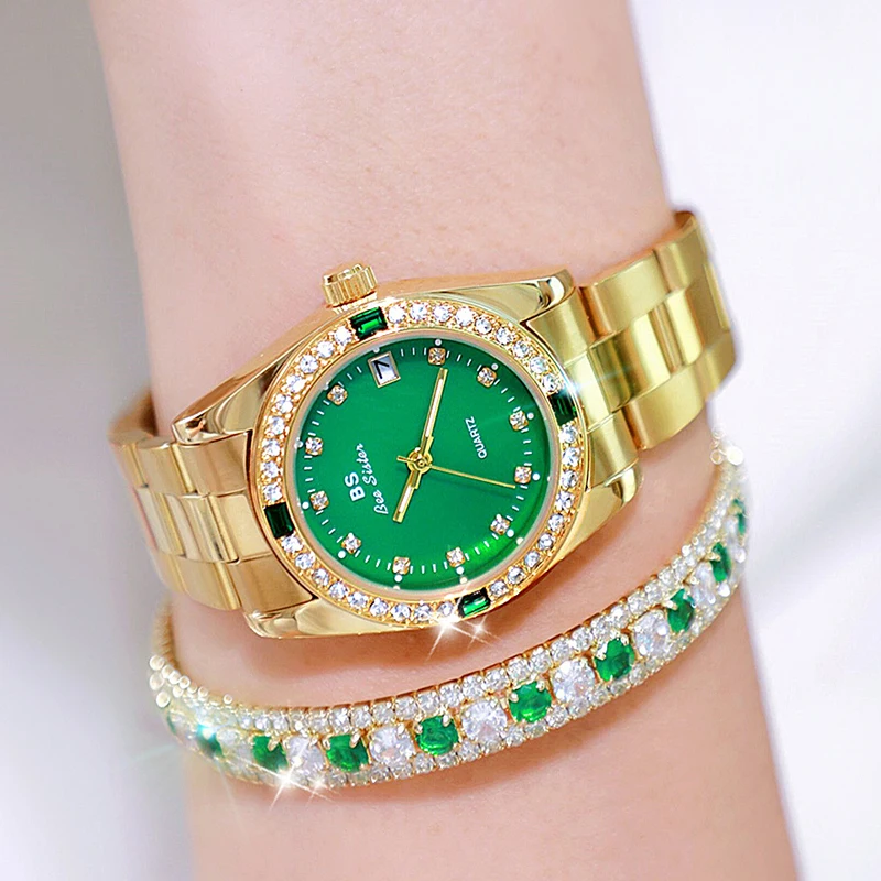 BS Women Watches Luxury Brand Gold Stainless Steel Watch For Women Green Dial Crystal Diamond Watch Female Quartz Wristwatches
