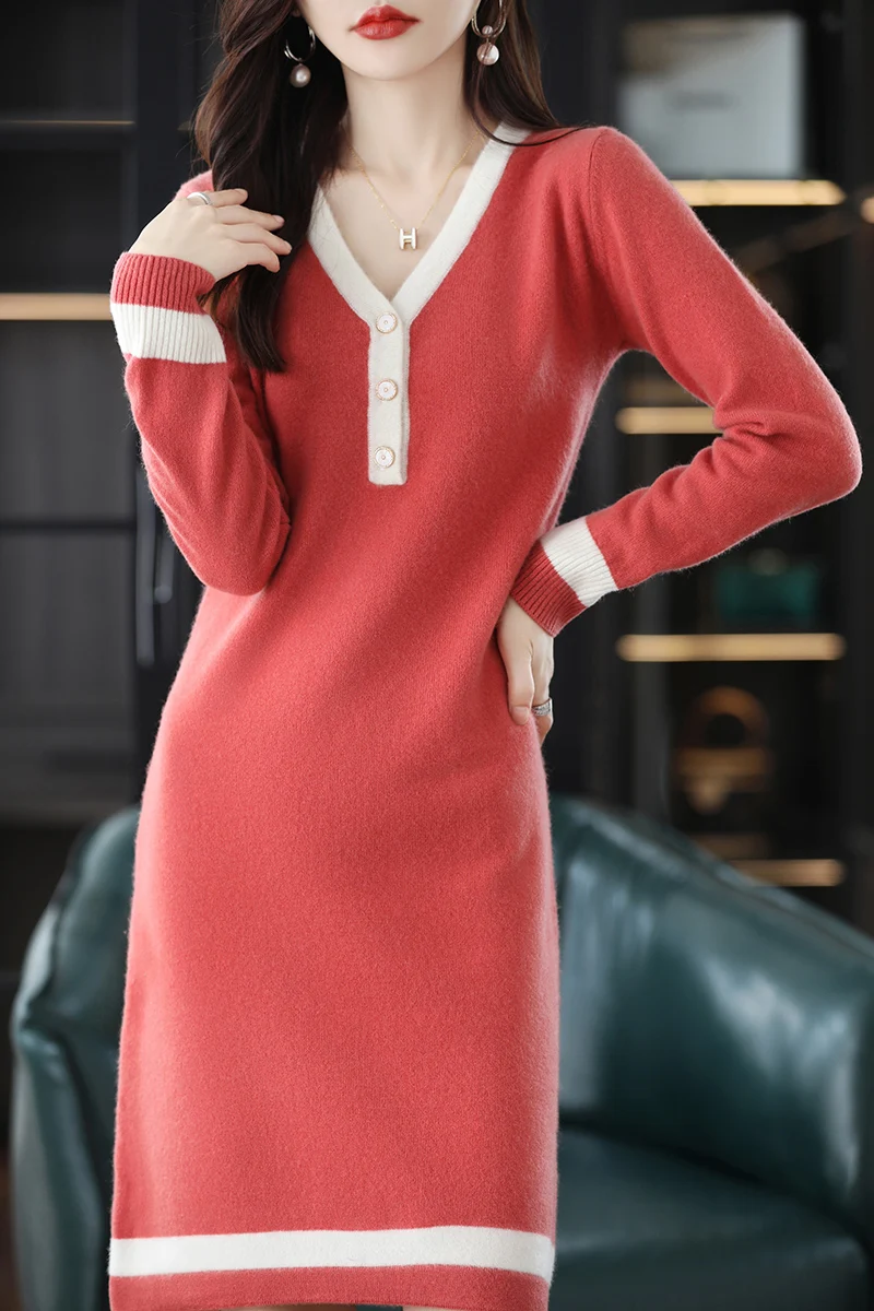 Autumn And Winter 2022 New 100% Pure Wool Long V-neck Warm, Light, Luxury, Comfortable, Low Profile, Slim Sweater Women