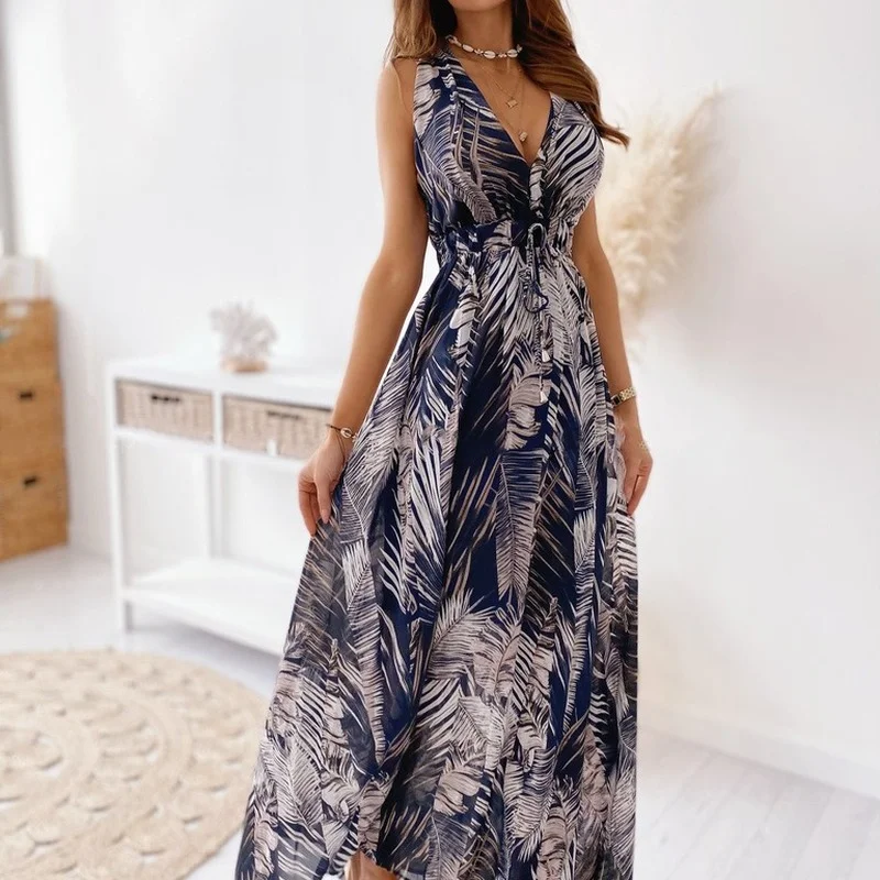 

Women Dress Green V-neck Print Sexy Spaghetti Strap Beach Summer Sundress Backless Bandage High Waist Bodycon Femme Vestidos