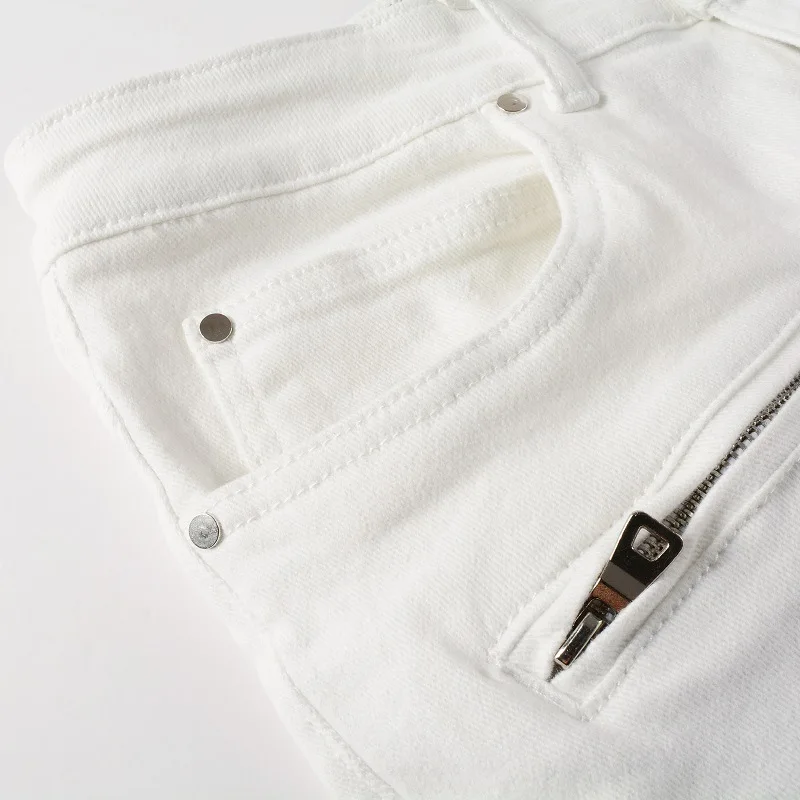 High Street Fashion Brand Destroyed Bandana Pants Men Ribs Patches Distressed Skinny Stretch White Slim Fit Ripped Zipper Jeans