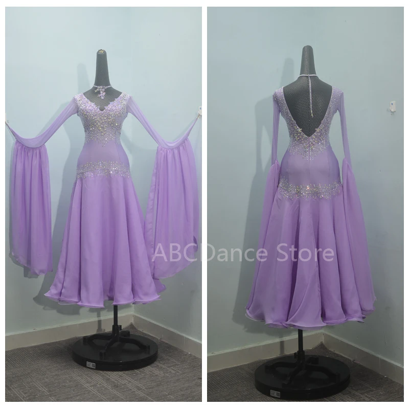 

Индивидуальное платье для бальных танцев, платье для стандартных танцев, платье для бальных танцев для соревнований, костюм для современных танцев, фиолетовый