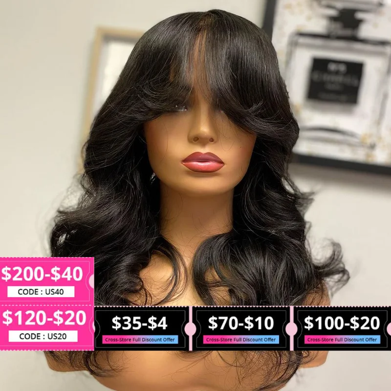 Body Wave Fringe Wig Long Human Hair Wigs With Bangs Brazilian Full Machine Made Wig With Bang Brazilian Virgin Hair For Women