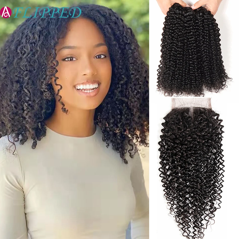 36''Mongolian Kinky Curly Human Hair 3 Bundles With Closure Remy Human Hair Pre Plucked Extensions Brazilian Hair Weave Bundles