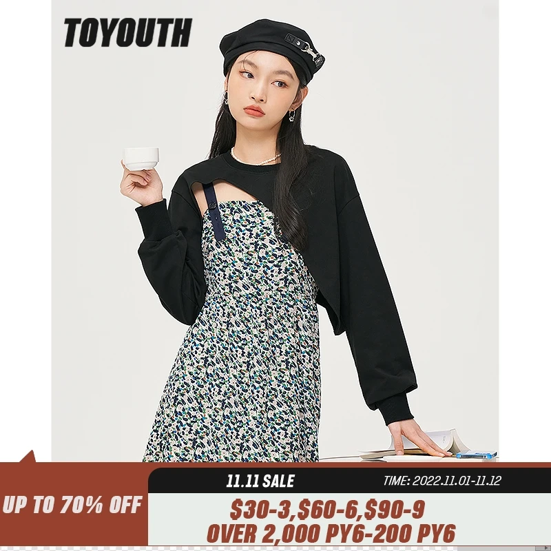 

Toyouth Women Sweatshirts 2022 Autumn Long Sleeve O Neck Loose Hoodies Solid Black Irregular Split Casual Streetwear Pullovers