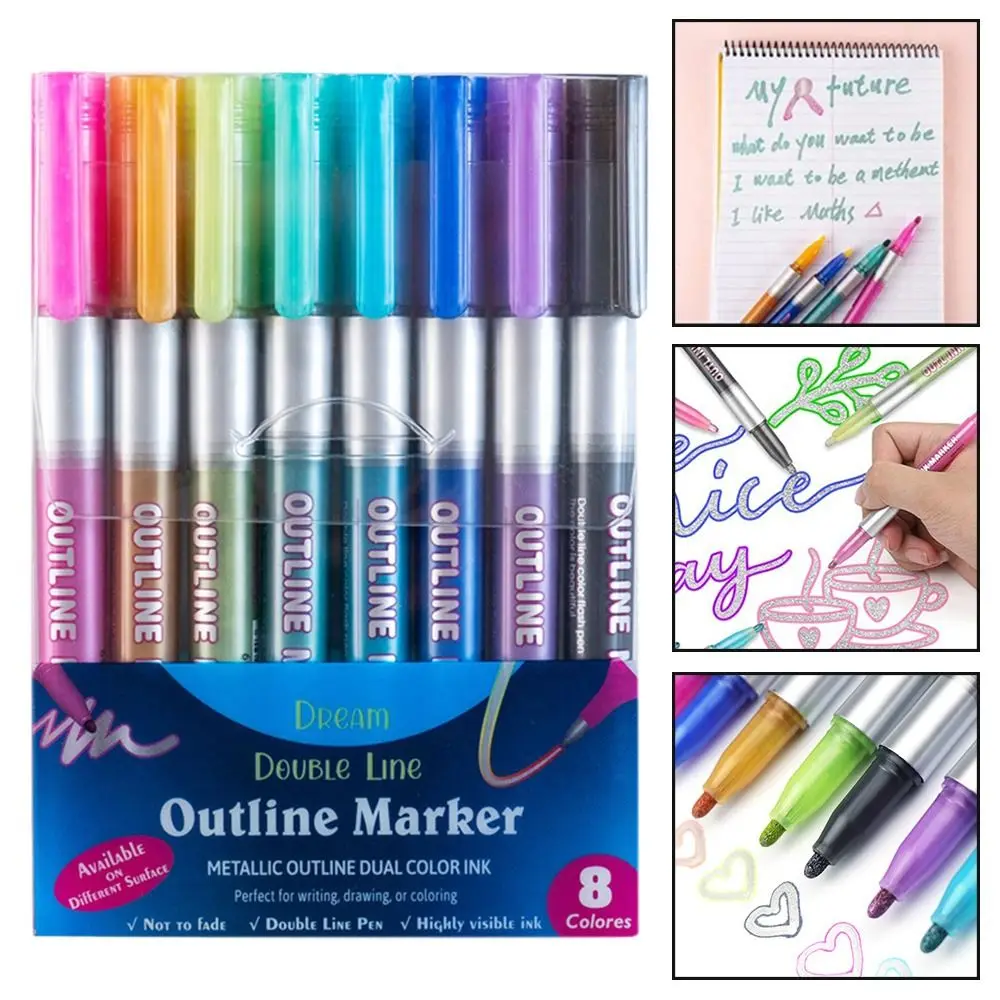 

8 Colors Metallic Double Lines Art Markers Color DIY Graffiti Stationery Outline Art Pen Marker Pens Art Drawing Pens