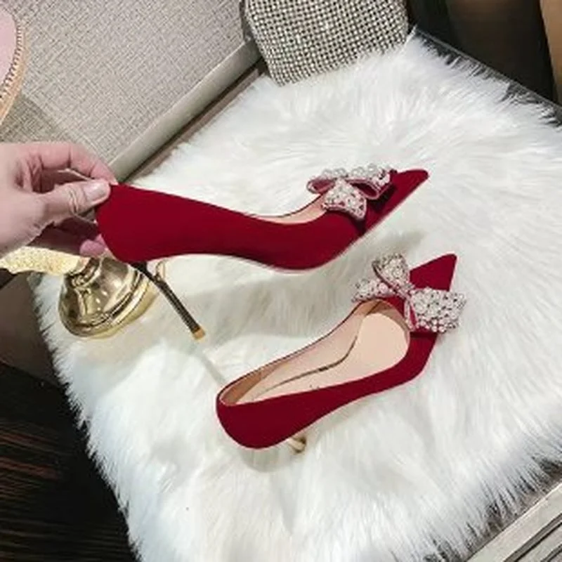 

2022 New Spring and Autumn Temperament Red Bow High Heels Women High-end Fashion Not Tired Women's Comfortable Pumps